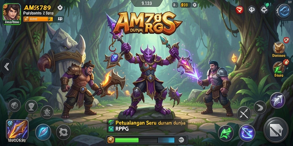 Screenshot utama AMS789 menampilkan pertempuran seru di dunia fantasi.