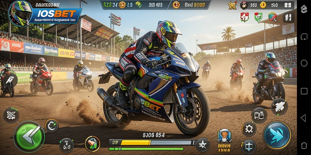 Screenshot gameplay <strong>IOSBET</strong> yang menampilkan balapan motor mendebarkan.