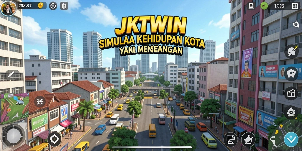 Screenshot dari gameplay JKTWIN yang menampilkan kehidupan kota yang dinamis.