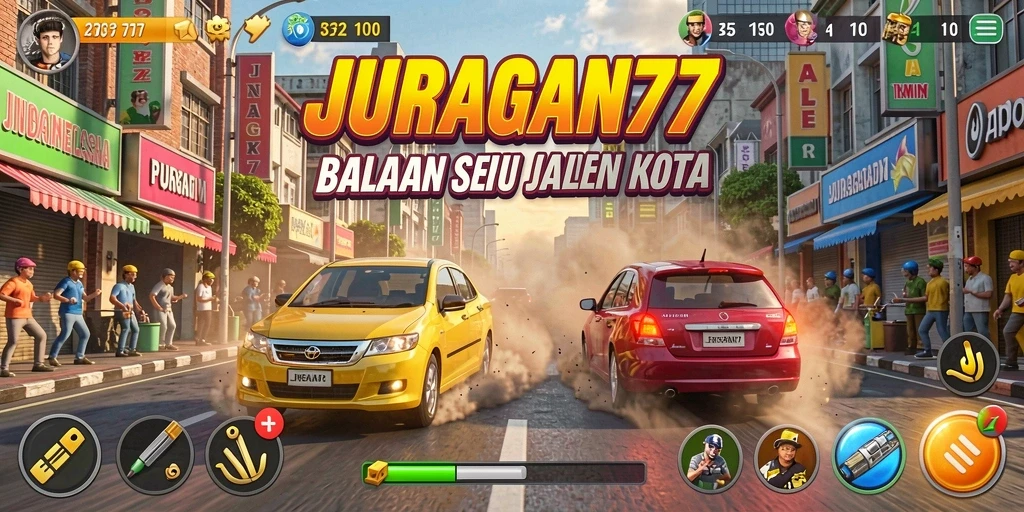 Screenshot gameplay JURAGAN77 menampilkan balapan intens di jalan kota.
