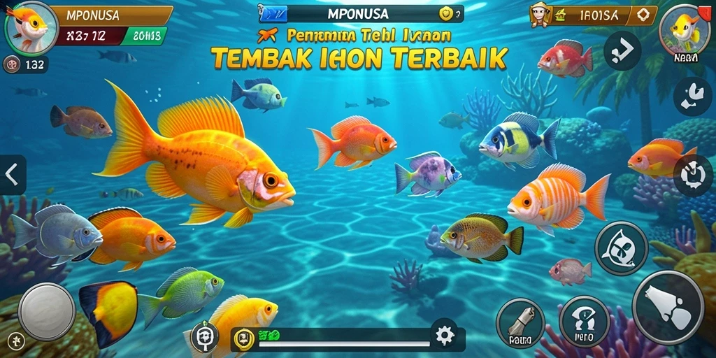 Screenshot gameplay MPONUSA menampilkan aksi seru dalam berburu ikan.