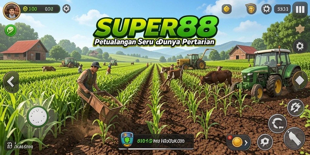 Tampilan gameplay SUPER88 dengan kebun yang indah dan hewan ternak.
